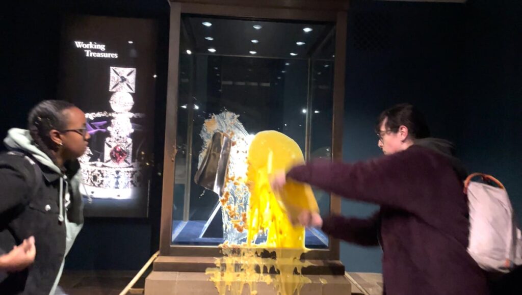 Four in court over custard and crumble thrown at crown jewels