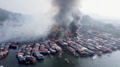 Drone footage shows huge Malaysian coastal village fire