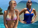 Tess Daly, 57, shows off her figure in a plunging bikini as she takes a dip in the sea during Caribbean holiday