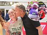 Gordon Ramsay gives his daughter Tilly a congratulatory kiss on the cheek while Daddy Pig crosses the line with trainer Joe Wicks as they lead stars running the 2026 London marathon