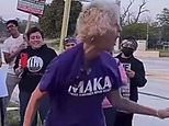 Gray-haired woman in ‘Make America Kind Again’ t-shirt filmed delightedly beating Donald Trump pinata to pulp with metal bar