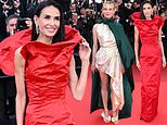 Demi Moore turns heads in a crinkled red gown with a dramatic collar as she joins cape wearing Diane Kruger at the Fatherland screening during Cannes Film Festival