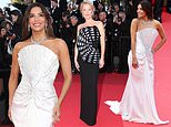 Eva Longoria and Gillian Anderson blow everyone away in sculpted fan inspired gowns at The Birthday Party premiere amid the Cannes Film Festival