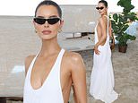 Maura Higgins ditches her bra in a white racerback dress at a Sports Illustrated beach club party in Miami