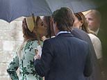 Beatrice gives William a peck on the cheek as she and Eugenie shrug off financial controversies to attend Peter Phillips’ Cotswolds wedding