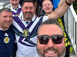 If you can’t beat them join them! American surprised by bagpipe-playing Scottish fans at 6.30am gives in and goes to share a few beers with them