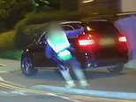 Moment Mercedes almost mows down pedestrian during 100mph police chase before crashing into a tree: Man is arrested on suspicion of burglary and dangerous driving
