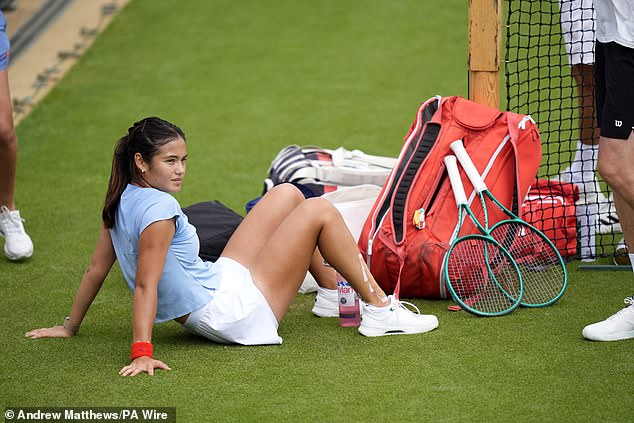 The former US Open champion was still sporting heavy strapping on her right ankle and shin during practice at Wimbledon on Sunday