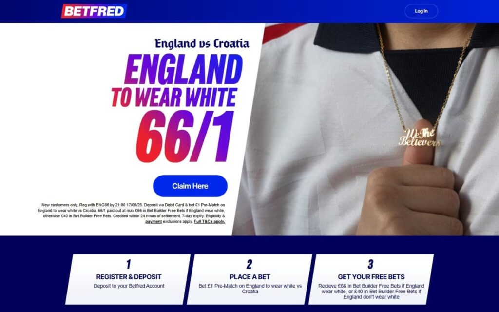 Betfred World Cup offer: 66/1 for England to wear white vs Croatia