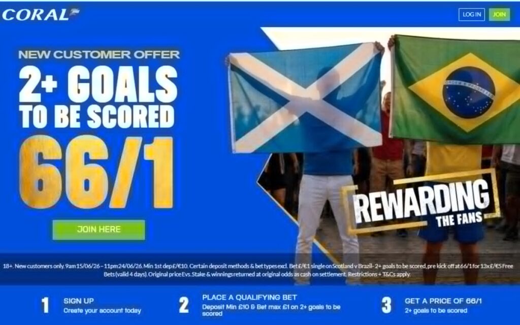 Get 66/1 on two or more goals in Scotland vs Brazil with Coral