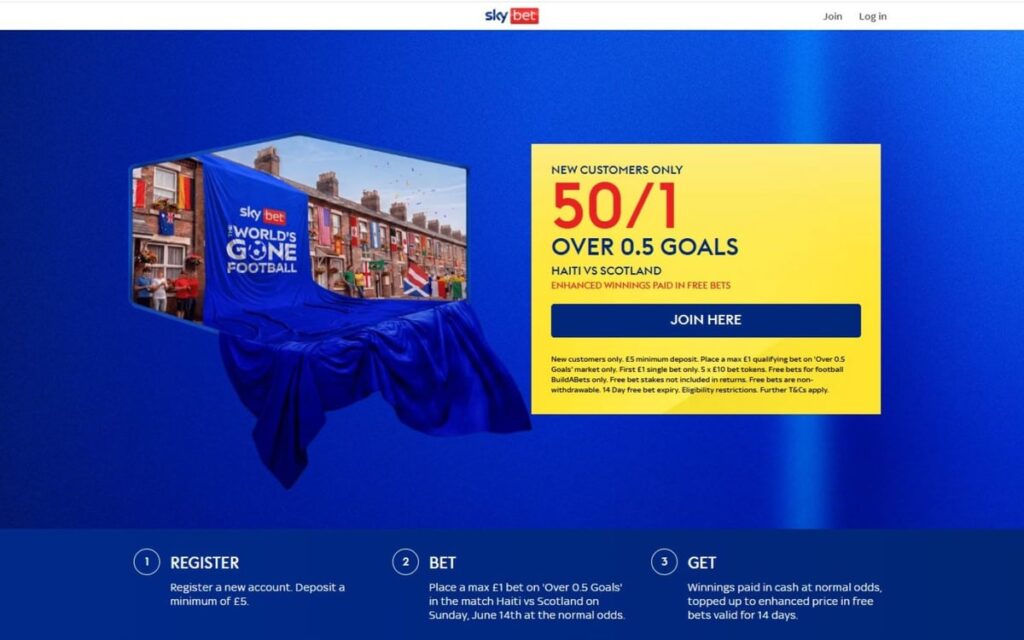 50/1 Haiti vs Scotland over 0.5 goals with the Sky Bet World Cup offer