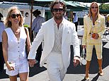 Aaron Taylor-Johnson, 36, and his wife Sam, 59, coordinate in tennis whites as they join Amanda Holden in leading the celebs on day nine of Wimbledon