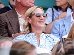 Zara Tindall stuns in blue and white as she takes in the sporting action at Wimbledon with Geri Halliwell and Christian Horner