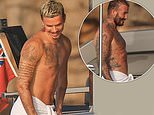 Shirtless Romeo Beckham, 23, looks just like his famous dad David, 51, as they show off their tattooed torsos in matching towels – after trolling Cruz for those tight white pants in Ibiza