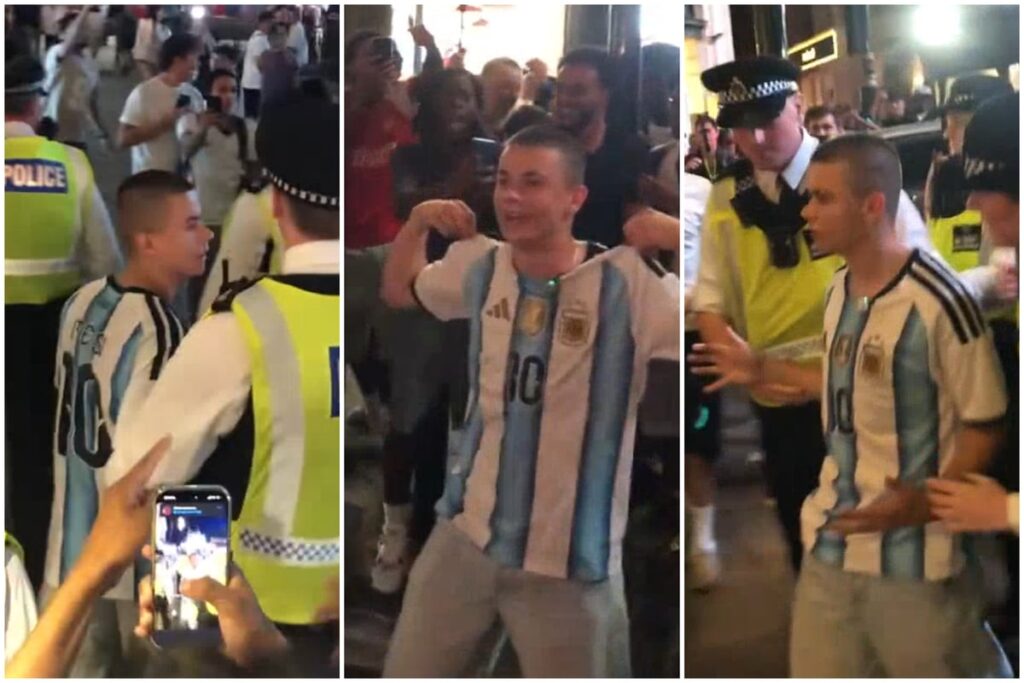 Chaos in London’s Piccadilly Circus as police rescue Argentina fan surrounded by crowd of baying England supporters