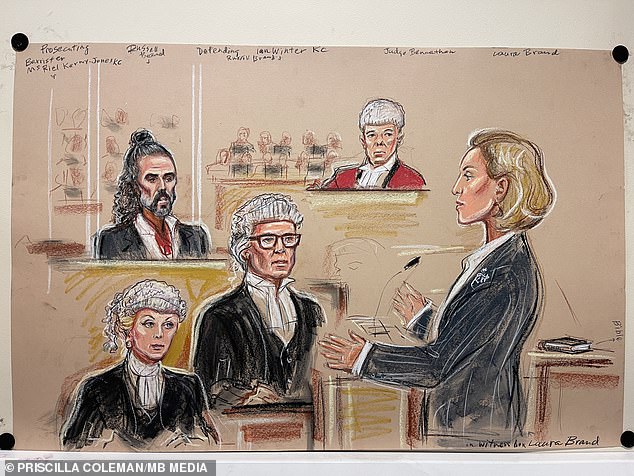 Southwark Crown Court 29th October 2026 Russell Brand listens to his wife Laura Ian Winter KC stands questioning Laura Prosecutor Ms Riel Karmy-Jones KC on the far left Priscilla Coleman/MB Media